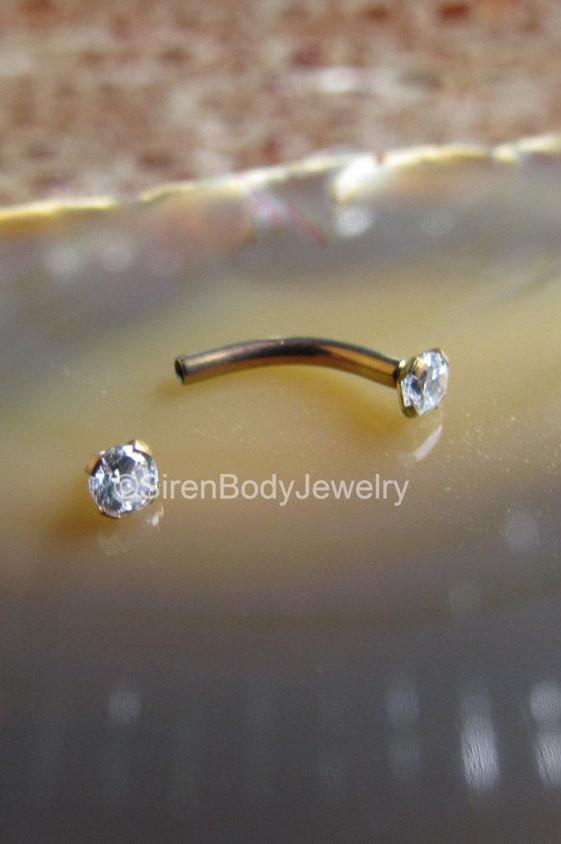 Titanium curved barbell 16g rook vertical labret bar internally threaded 3mm prong Swarvoski gemstones - SirenBodyJewelry