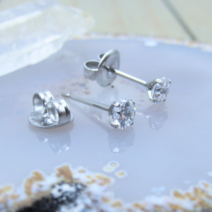 Titanium ear piercing studs 18g butterfly back set CZ 3mm gemstones prong set earrings - Siren Body Jewelry