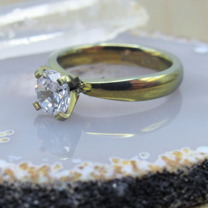 Titanium engagement ring round cubic zirconia prong set 6mm gemstone yellow gold anodized - Siren Body Jewelry