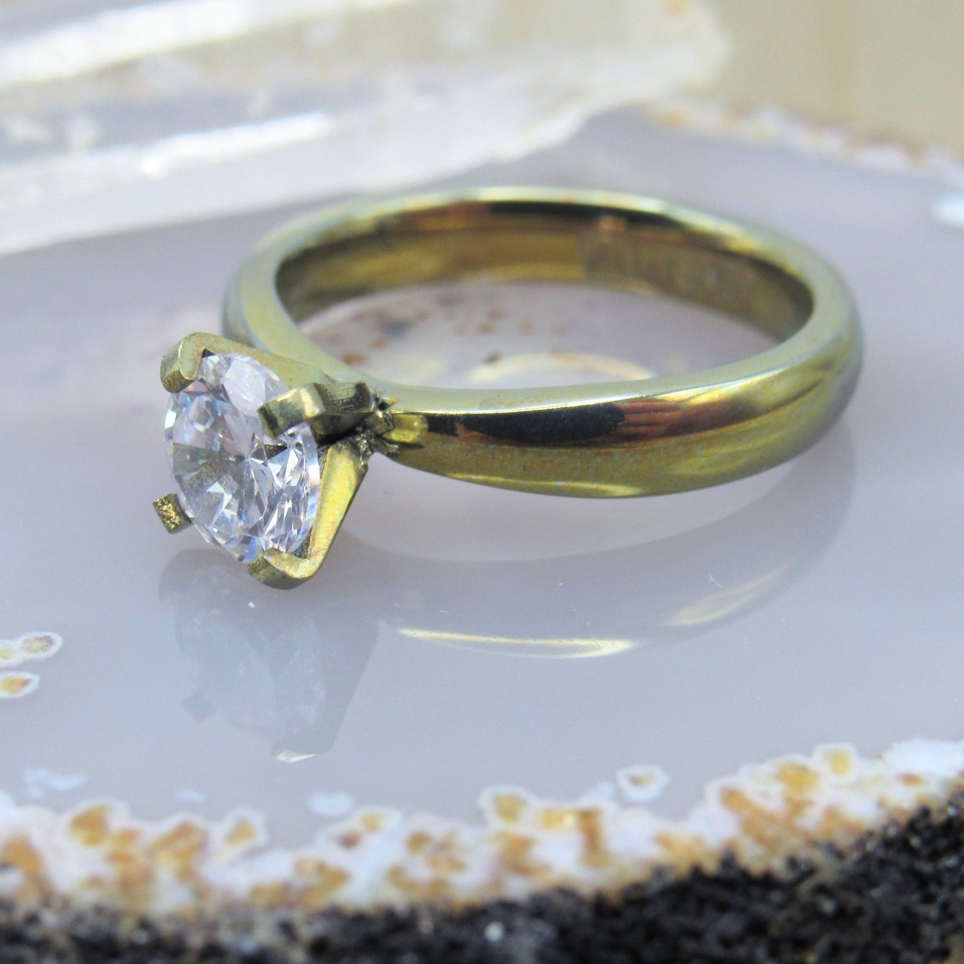 Titanium engagement ring round cubic zirconia prong set 6mm gemstone yellow gold anodized - Siren Body Jewelry