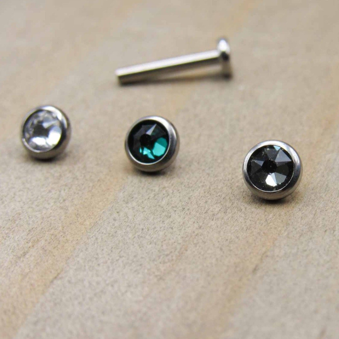 Titanium flat back earring set of 3 gemstone ends 1 internally threaded labret stud helix earrings tragus gems philtrum jewelry conch earlobe - SirenBodyJewelry
