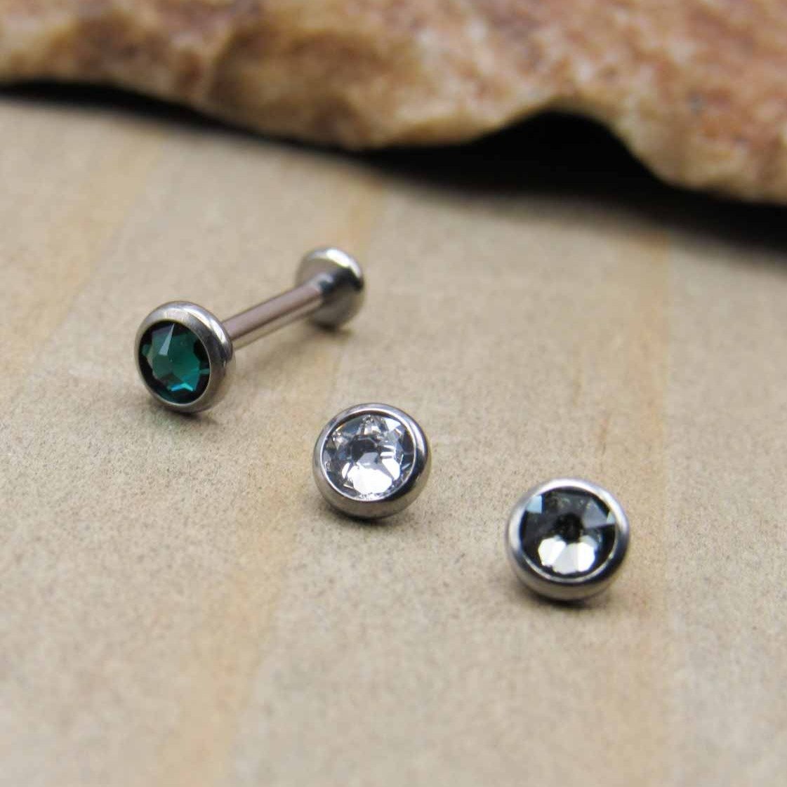 Titanium flat back earring set of 3 gemstone ends 1 internally threaded labret stud helix earrings tragus gems philtrum jewelry conch earlobe - SirenBodyJewelry