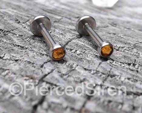 Titanium flat back labret earrings 18g-16g internally threaded 3mm Swarovski gemstone pick your length and gem color - SirenBodyJewelry