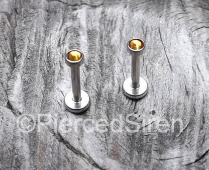 Titanium Flat Back Earring Set of 3 Gemstone Ends 1 Internally Threaded Labret Stud Helix Earrings Tragus Gems philtrum Jewelry Conch Earlobe 16g 5/16