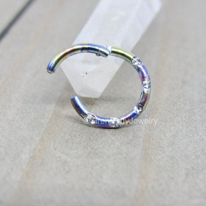 Titanium hinged segment ring 16g 5/16" or 3/8" easy insert 5 preciosa crystals forward facing septum daith ring anodized oilslick