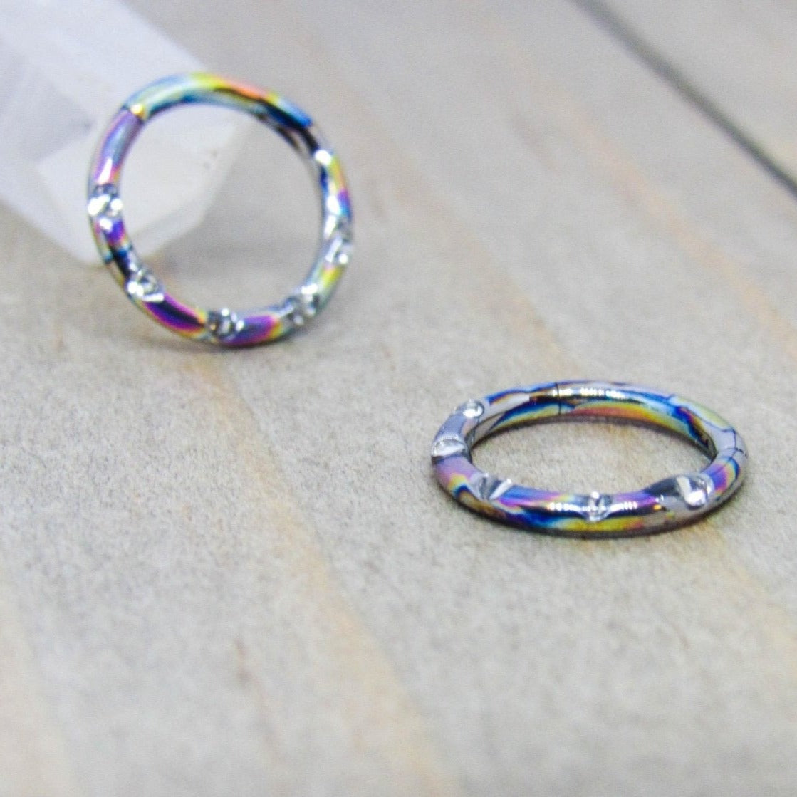 16g titanium hinged segment ring gemmed 5 crystal clear gems septum ring oilslick anodized