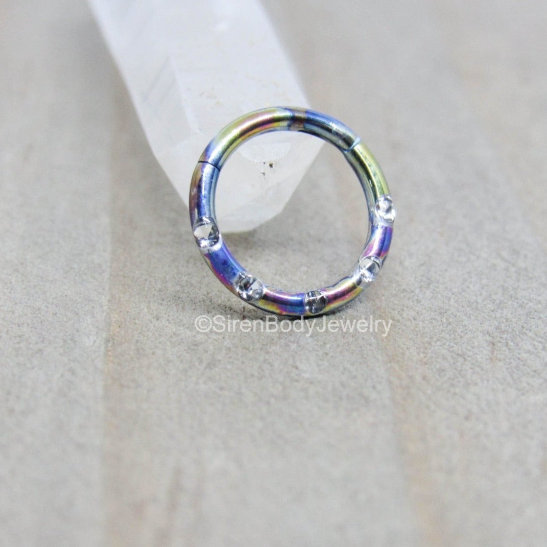 Titanium hinged segment ring 16g 5/16" or 3/8" easy insert 5 preciosa crystals forward facing septum daith ring - SirenBodyJewelry