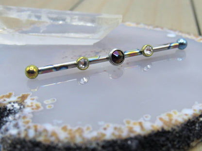 Titanium industrial piercing barbell 14g triple gemstone custom oilslick anodized 1 1/2" length internally threaded scaffold barbell - Siren Body Jewelry
