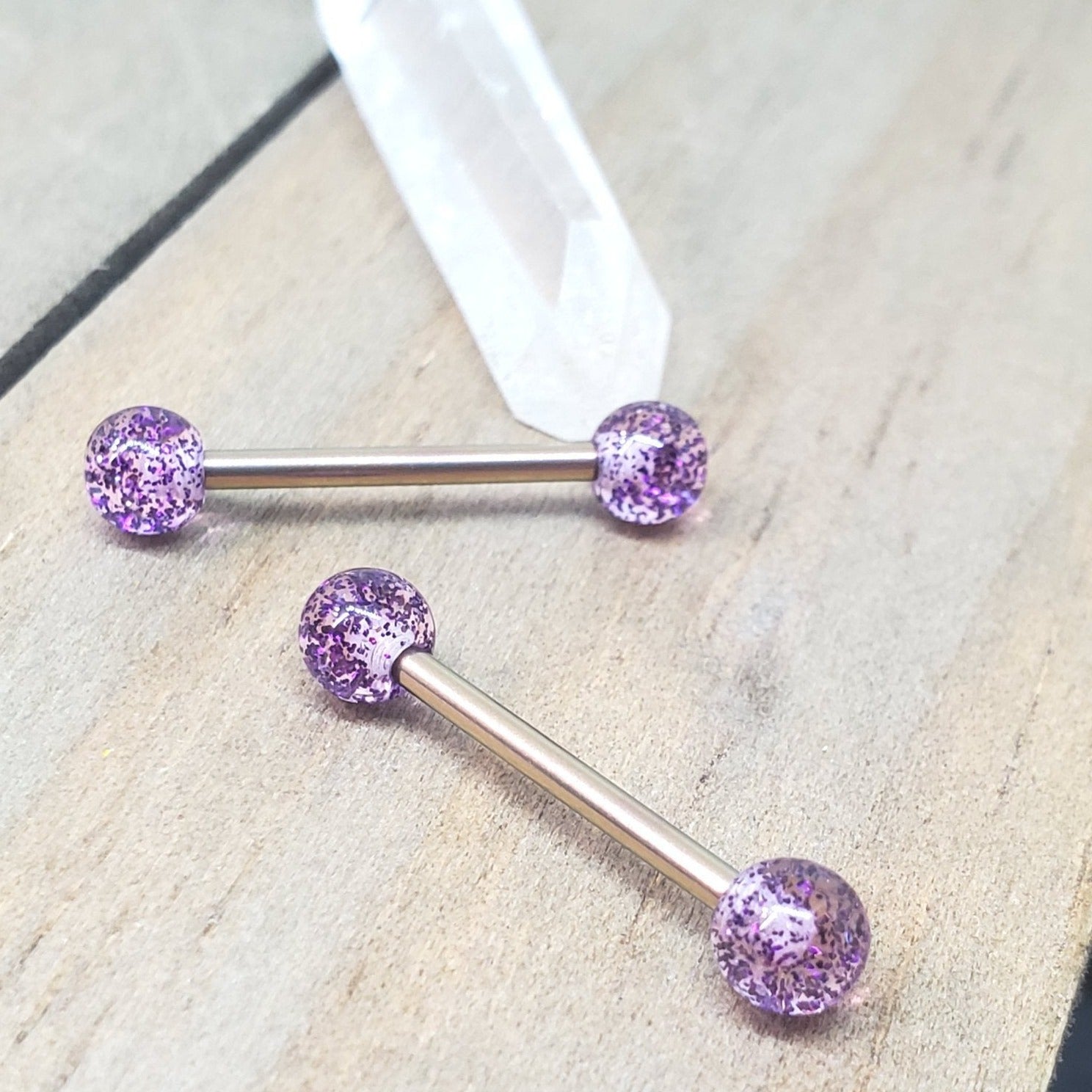 rose gold anodized purple glitter ball end nipple piercing barbell rings
