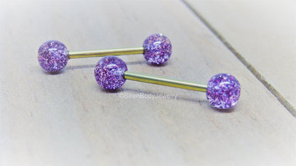 titanium purple glitter ball nipple piercing jewelry set 14g anodized gold titanium