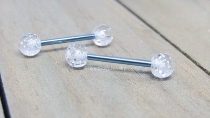 Titanium nipple piercing barbells 14g 5/8" glitter ball purple pink or clear 6mm external pair - SirenBodyJewelry