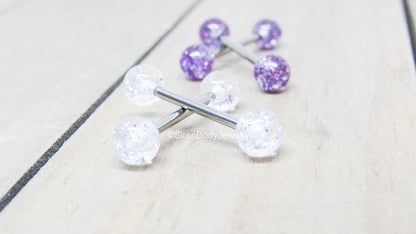 Titanium nipple piercing barbells 14g 5/8" glitter ball purple pink or clear 6mm external pair - SirenBodyJewelry
