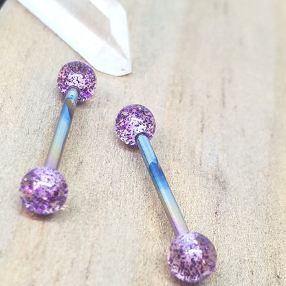 14g 6mm purple glitter ball nipple piercing bars