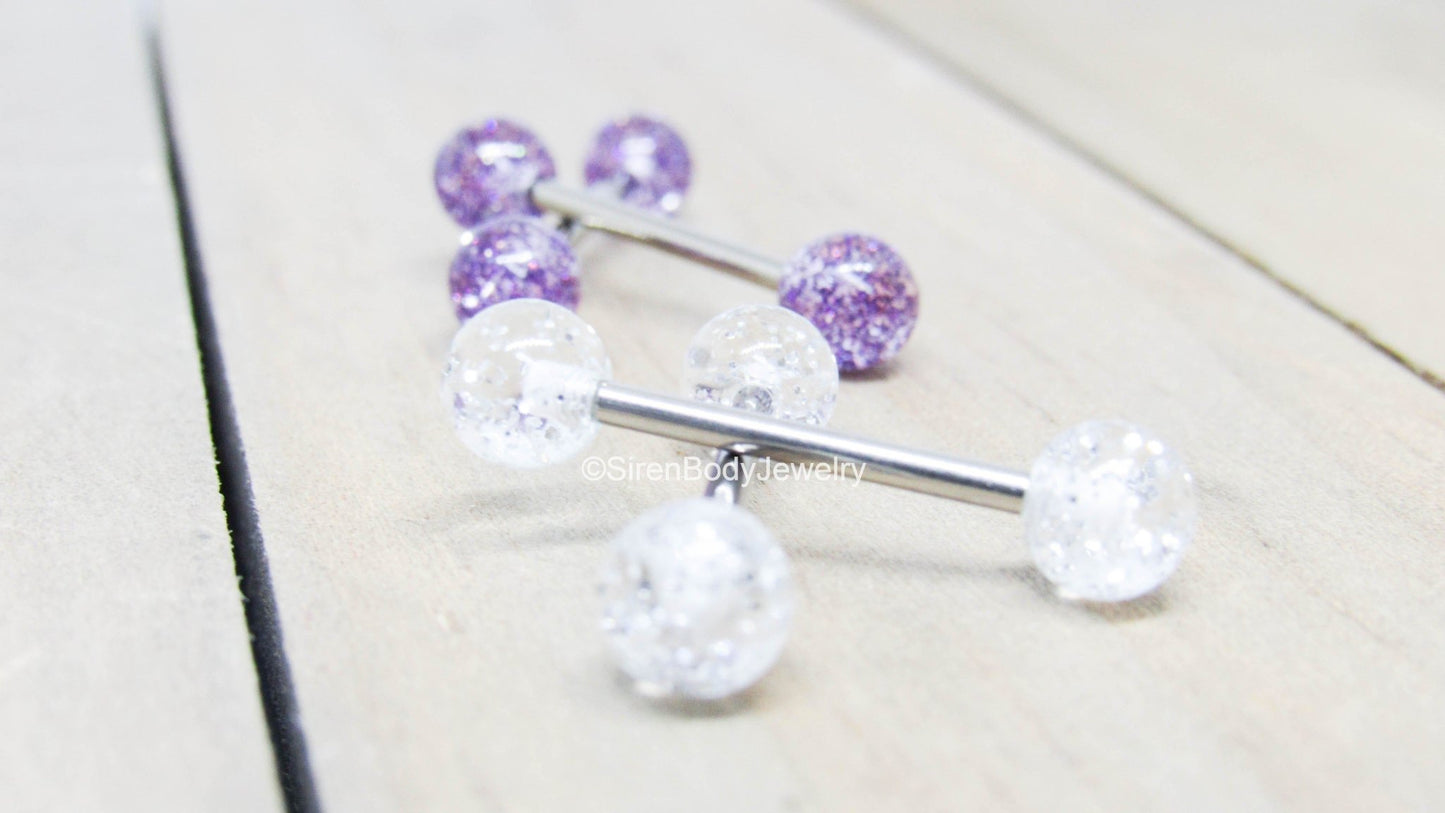 Titanium nipple piercing barbells 14g 5/8" glitter ball purple pink or clear 6mm external pair - SirenBodyJewelry