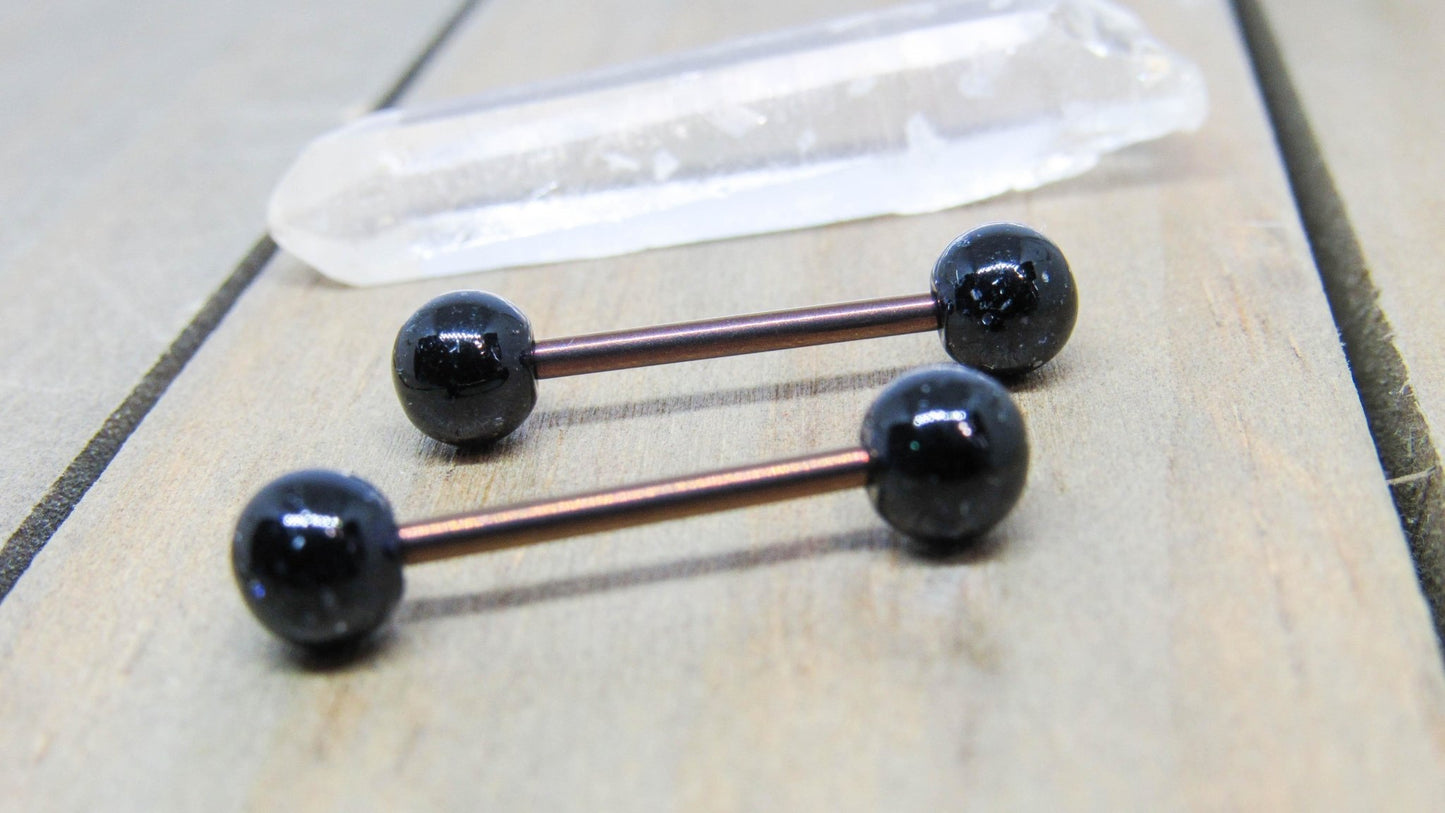 Titanium nipple piercing barbells 14g bars black glitter ball ends 6mm hypoallergenic pick your anodized color pair - SirenBodyJewelry