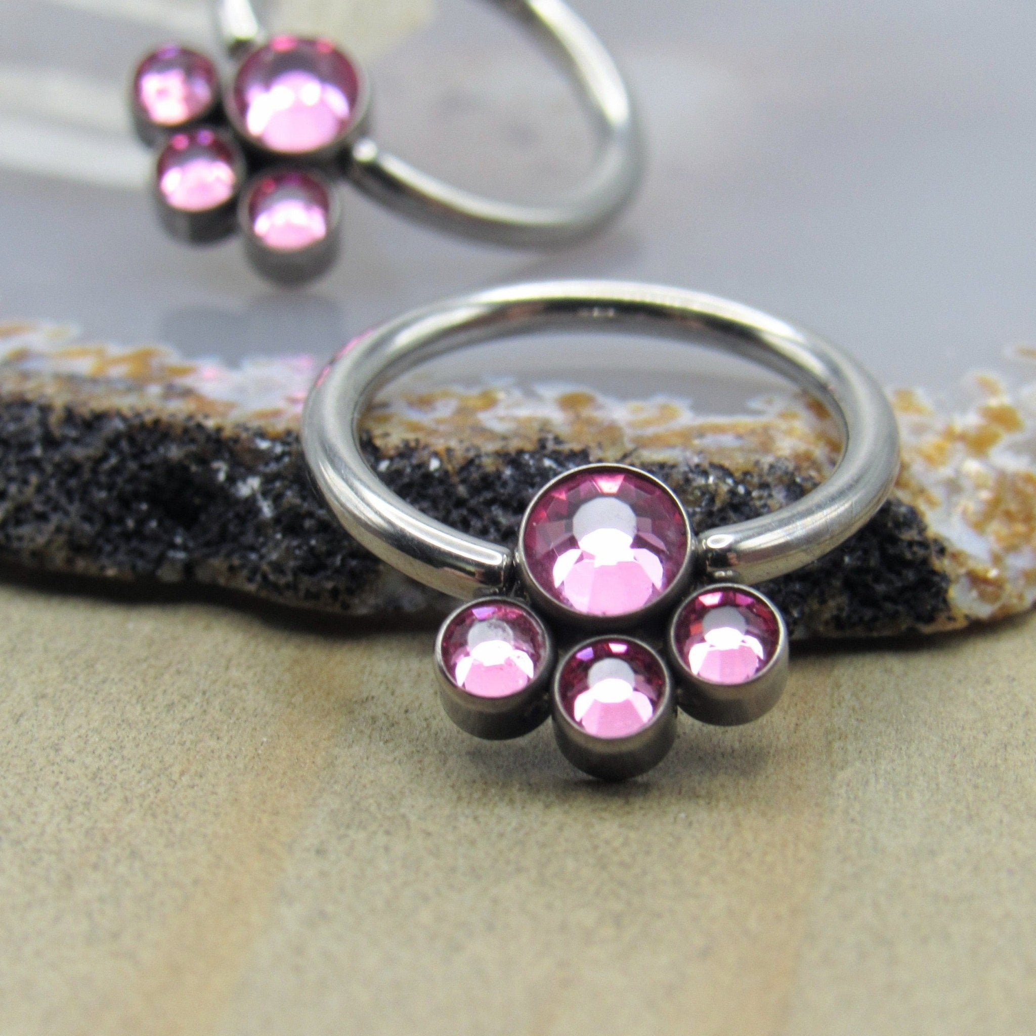 Pink Gemstone Cluster Titanium Nipple Piercing Hoop Rings Set 14g