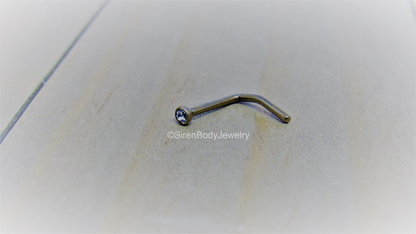 Titanium nose piercing stud 18g hand bent nostril screw anodized hypoallergenic 2mm Swarovski gemstone - SirenBodyJewelry