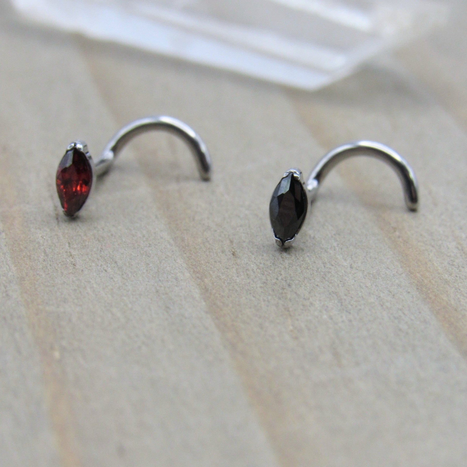 Titanium nose ring 18g screw nostril stud 3mm marquise red or black gemstone body jewelry ring - Siren Body Jewelry