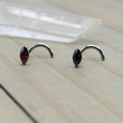 Titanium nose ring 18g screw nostril stud 3mm marquise red or black gemstone body jewelry ring - Siren Body Jewelry