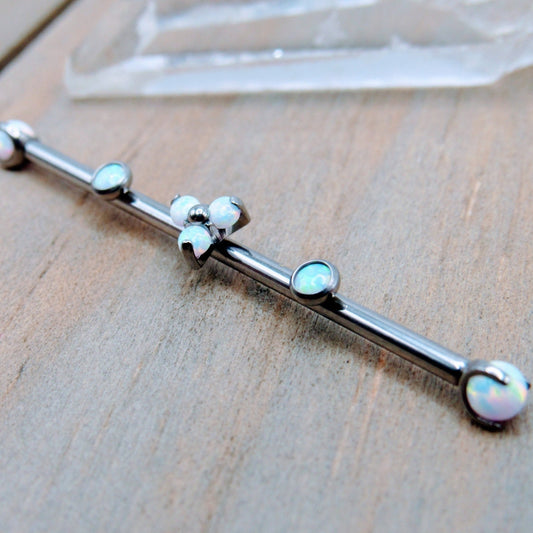 Titanium opal industrial piercing barbell custom made 14g pick your length white opals scaffold piercings jewelry - Siren Body Jewelry