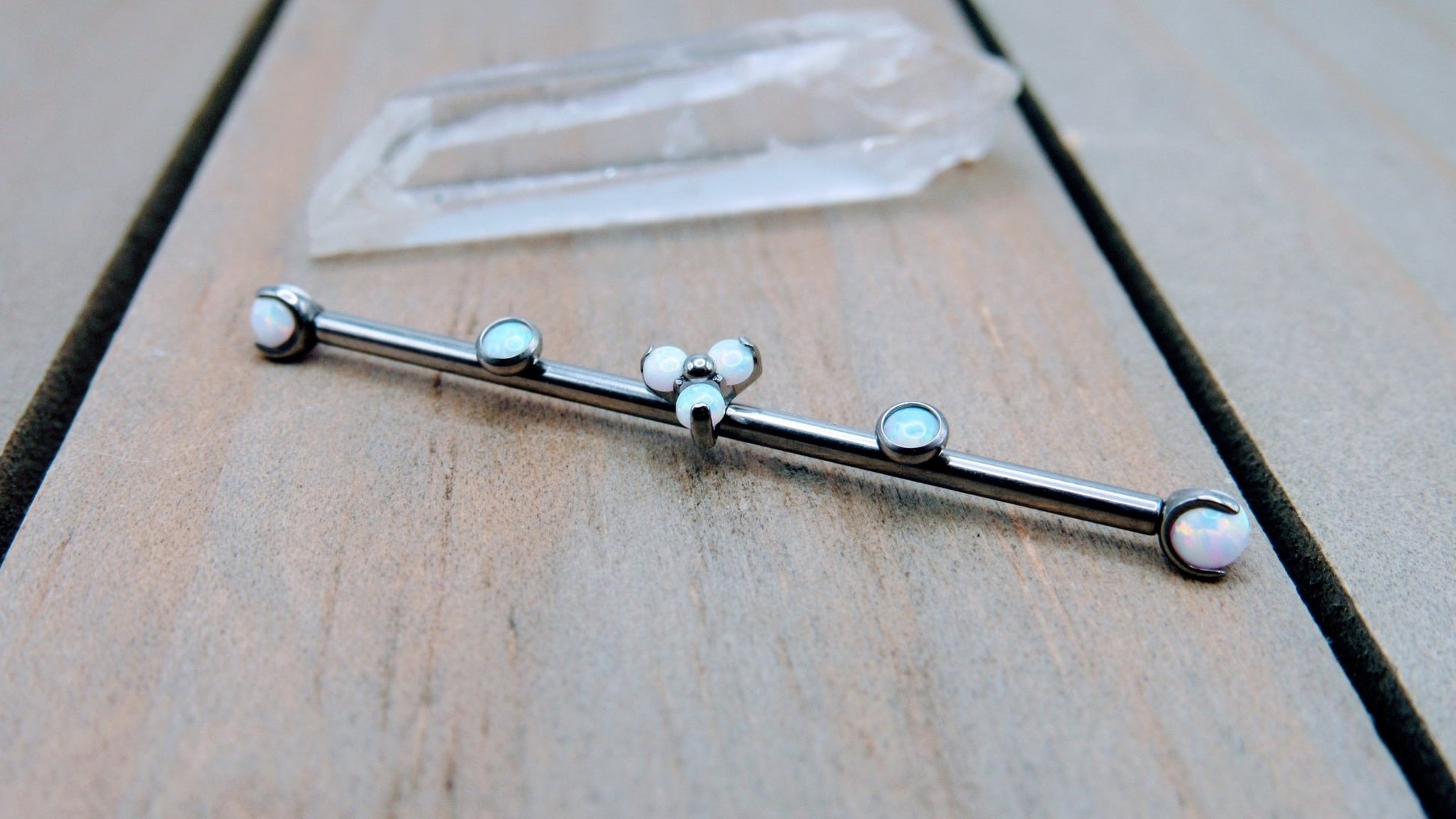 Titanium opal industrial piercing barbell custom made 14g pick your length white opals scaffold piercings jewelry - Siren Body Jewelry