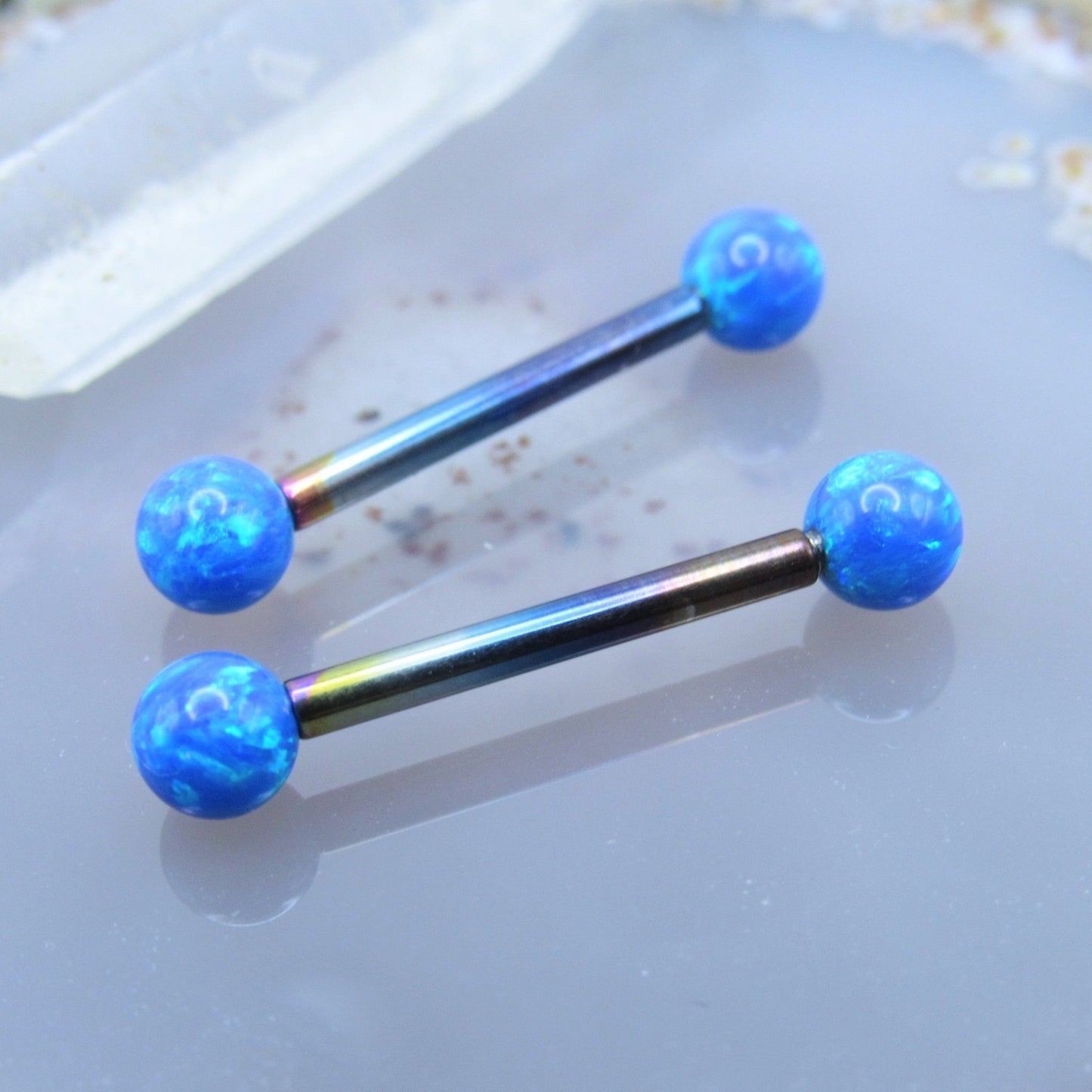 Titanium opal nipple piercing jewelry 14g-12g 4mm blue opal barbell set internally threaded pair - Siren Body Jewelry