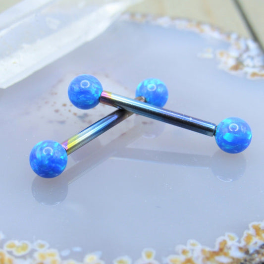 Titanium opal nipple piercing jewelry 14g-12g 4mm blue opal barbell set internally threaded pair - Siren Body Jewelry