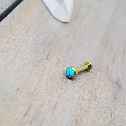 Turquoise flat back earrings 16g titanium high polish 1/4" or 5/16" length 3mm or 4mm bezel set synthetic turquoise ear lip conch helix stud - SirenBodyJewelry