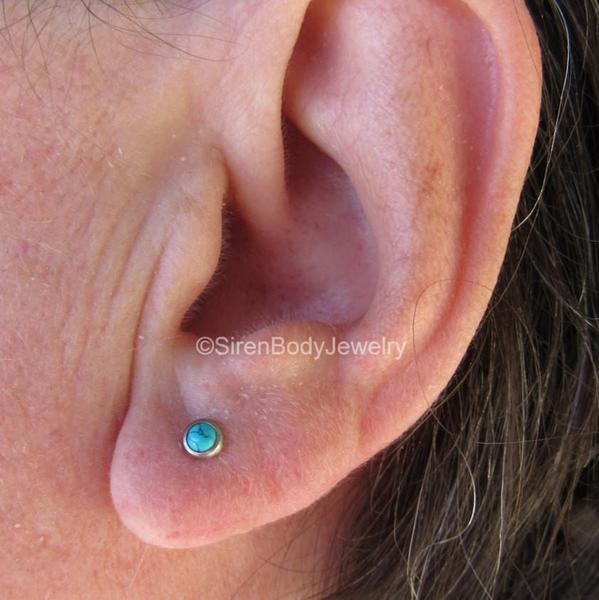 Turquoise flat back earrings 16g titanium high polish 1/4" or 5/16" length 3mm or 4mm bezel set synthetic turquoise ear lip conch helix stud - SirenBodyJewelry