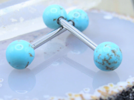 Turquoise nipple piercing barbell set 14g 5/8" length straight external bars - Siren Body Jewelry