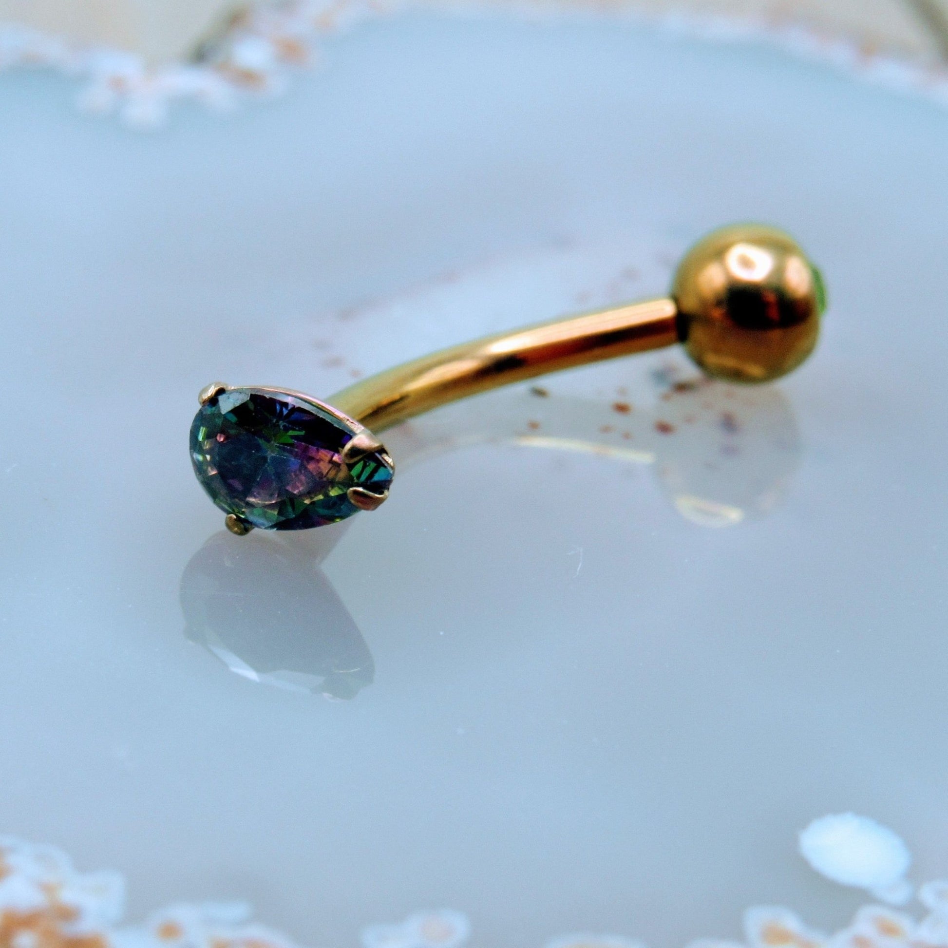 VCH piercing barbell 14g titanium anodized 1/2" 6mm gemstone pear cz clear mystic topaz sapphire blue internally threaded belly button ring hypoallergenic barbell - Siren Body Jewelry