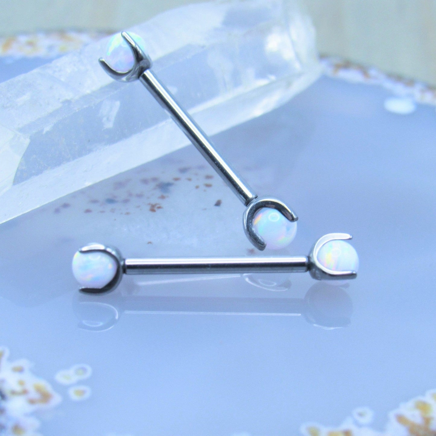 White Opal Nipple Piercing Jewelry Barbell Set Titanium - Siren Body Jewelry