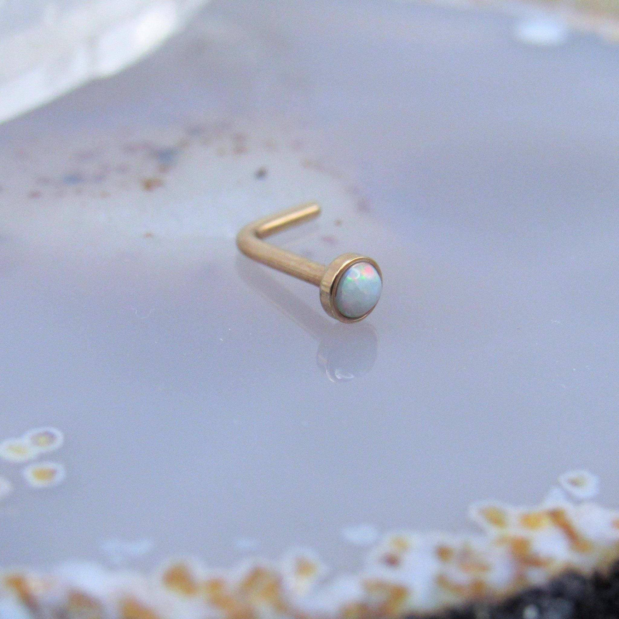 COCHARM 14K Solid Gold Nose Stud 20g Yellow Gold L Bend Nostril Opal Nose  Stud 7mm