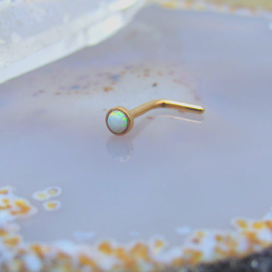 White opal nose piercing ring rose gold L bend nostril piercing body jewelry ring 20g - Siren Body Jewelry