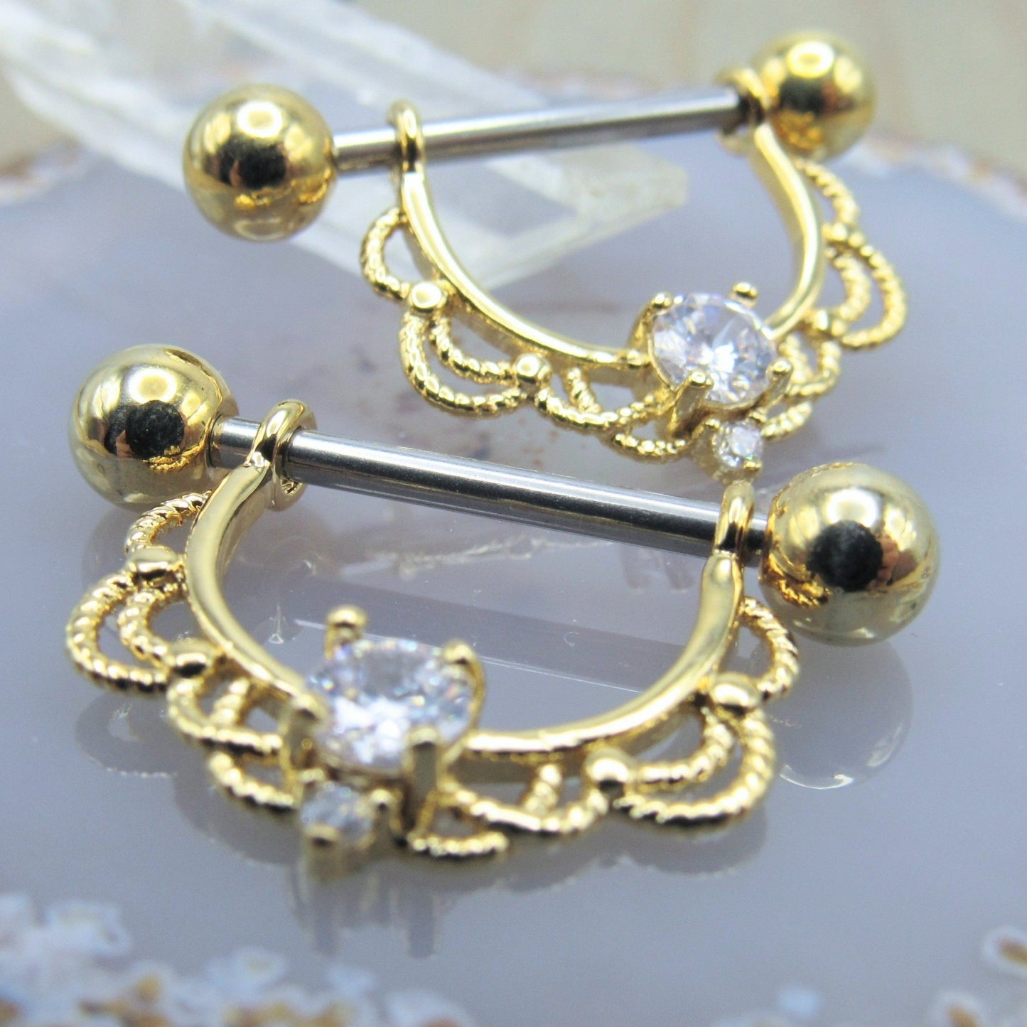 Yellow gold nipple piercing cz clear gemstone ornate hanger set 14g 5/8" length externally threaded stainless steel bars set - Siren Body Jewelry