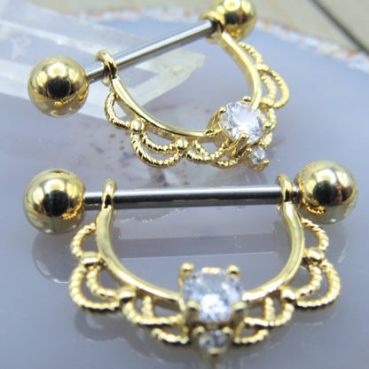 Yellow gold nipple piercing cz clear gemstone ornate hanger set 14g 5/8" length externally threaded stainless steel bars set - Siren Body Jewelry